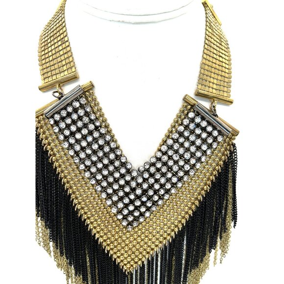 Gold-tone Rhinestone Chainmail Bib Necklace Fringed Chain Statement Boho Chic - Picture 4 of 14
